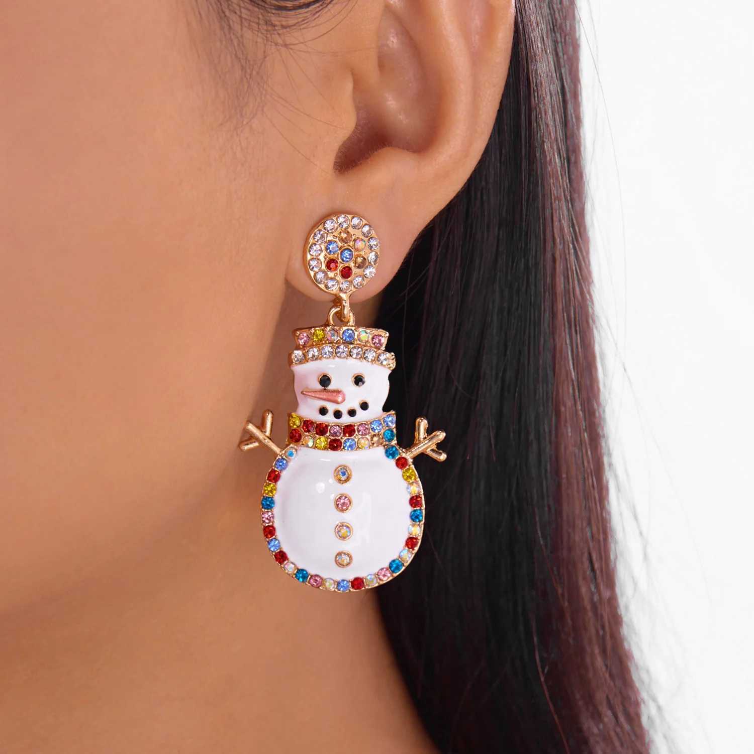 Christmas Colorful Crystal Rhinestone Drop Oil Snowman Earrings for Women Holiday New Year Party Jewelry Gift J251021