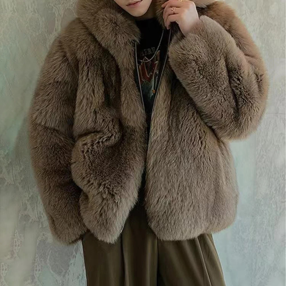 Autumn And Winter In Mens Fox Fur Coat Fashion Thickened Hooded Jacket Trendy Temperament Leisure Warm Street Y2k Jacket Men 251021