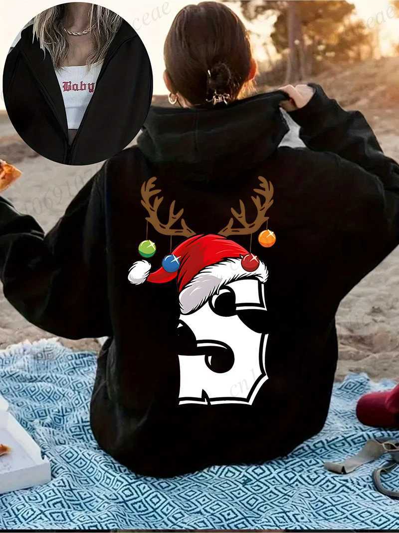 Retro Print Reindeer Hat Alphabet Style Hoodie Y2k Harajuku Casual Zipper Hoodies Sweatshirt Xmas Party Fashion Street Clothing W251021