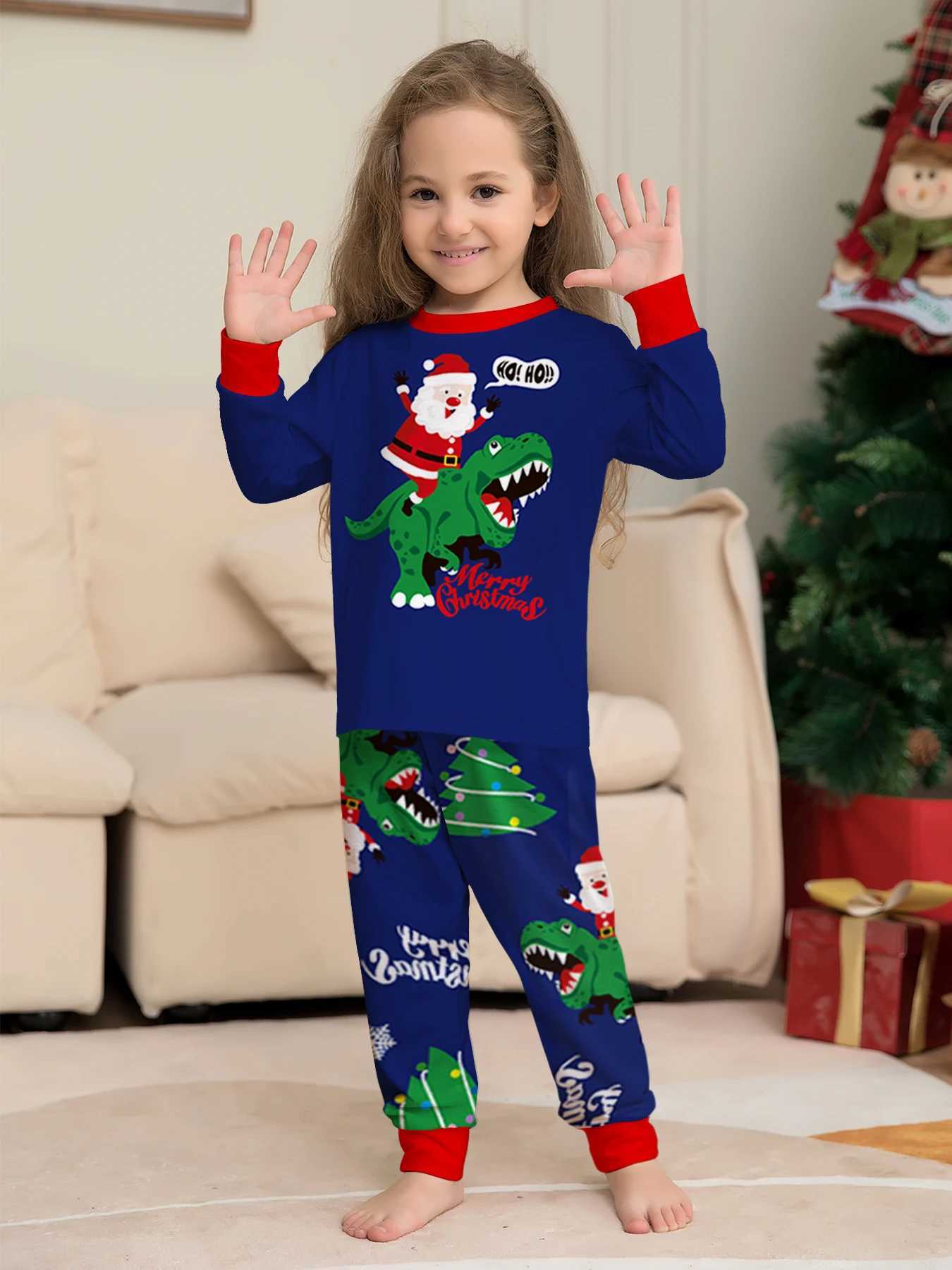 Parent Child Christmas Pajamas Set Navy Red Santa Dinosaur Merry Christmas Prints L2510212J3W