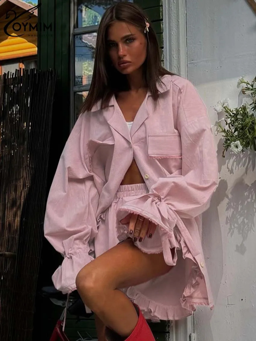 Oymimi Elegant Pink Cotton Sets For Women 2 Pieces Fashion Pockets Long Sleeve LaceUp Shirts And High Waist Ruffled Shorts Sets 251013
