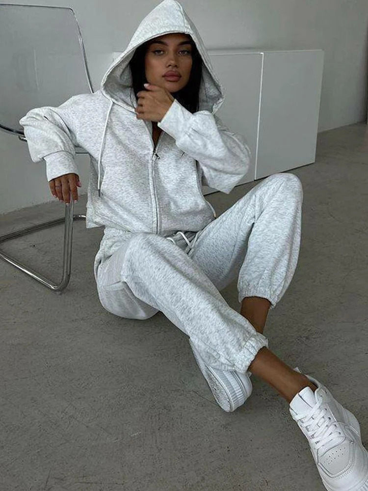 FSMG Casual Hooded Zippers Sweatshirts Pants Set Long Sleeved Cardigan Laceup Sportswear Two Pieces Female Tracksuit Suit 251021