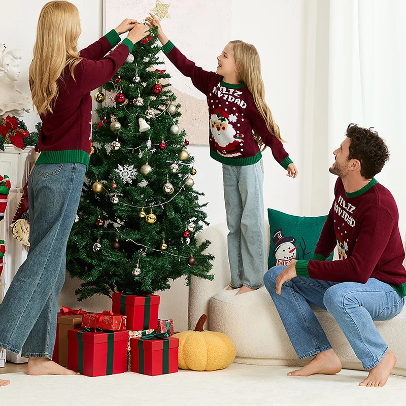 Xmas Family Loook Knitwear Santa Print Knitted Sweater Full Sleeve O Neck Soft Loose Jumper Christmas Matching Outfits Pullovers 251021