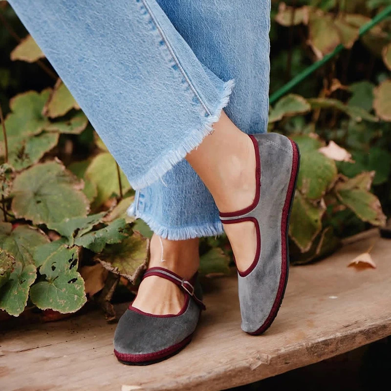 Gray Mary Jeans Flats Shoes Women Round Toe Hand Stitch Velvet Cloth Shoes Ladies Casual Soft Comfortable Ballet Shoes Loafers 251021