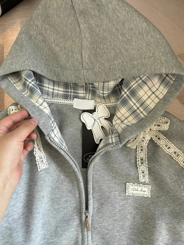 Zoki Lace Patchwork Hoodies Women Cute Bow Long Sleeve Sweatshirt Japan Preppy Style Sweet Loose Long Sleeve Female Gray Outwear 251017