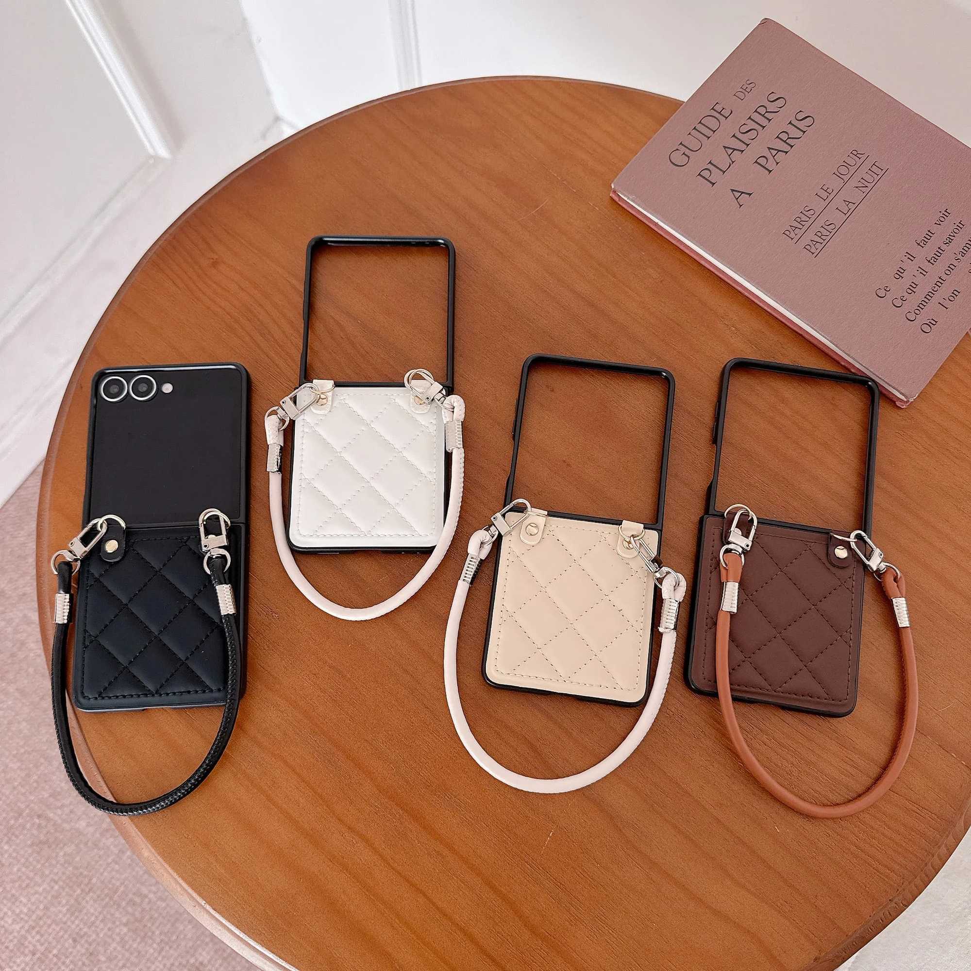 Wrist Strap Leather Phone Case for Galaxy Z Flip 7 6 5 4 3 Flip5 Flip6 Flip7 5G Chain Cord Rope Strap Shockproof Cover J251114