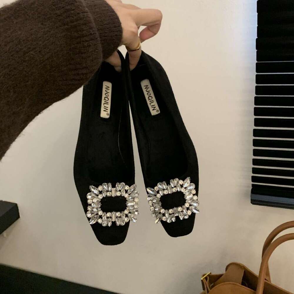 Square Toe Rhinestone French Low Heel Single 2025 Spring New Flat Designer Shoe Elegant Black Leather Commuter Shoes