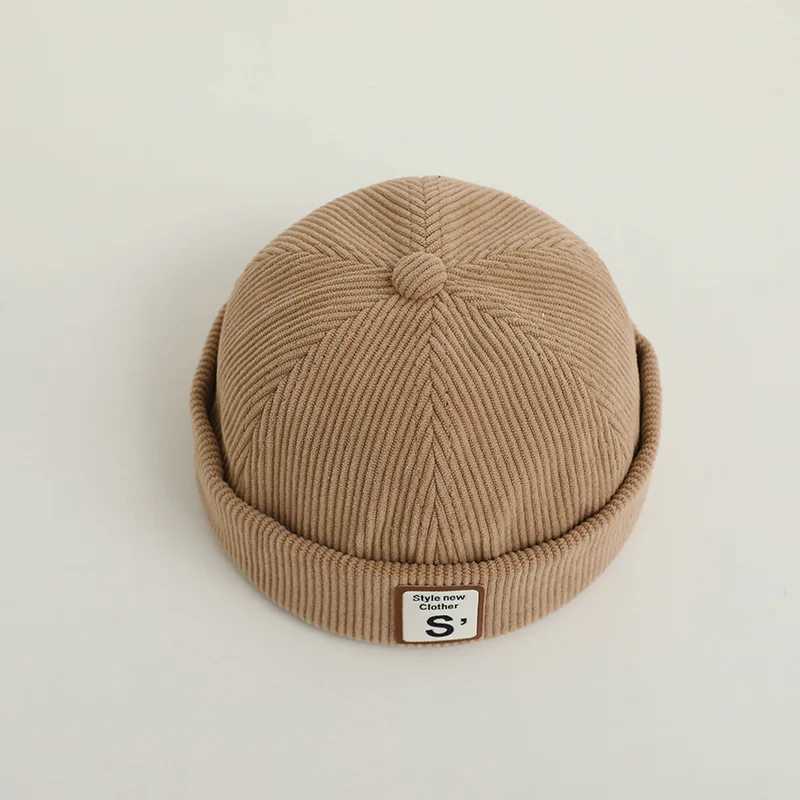 Solid Corduroy Children Landlord Hat Korean Kids Flipped Edge Beanie Bonnet Children Brimless Cap Boy Girl Toddler Docker Caps J251021