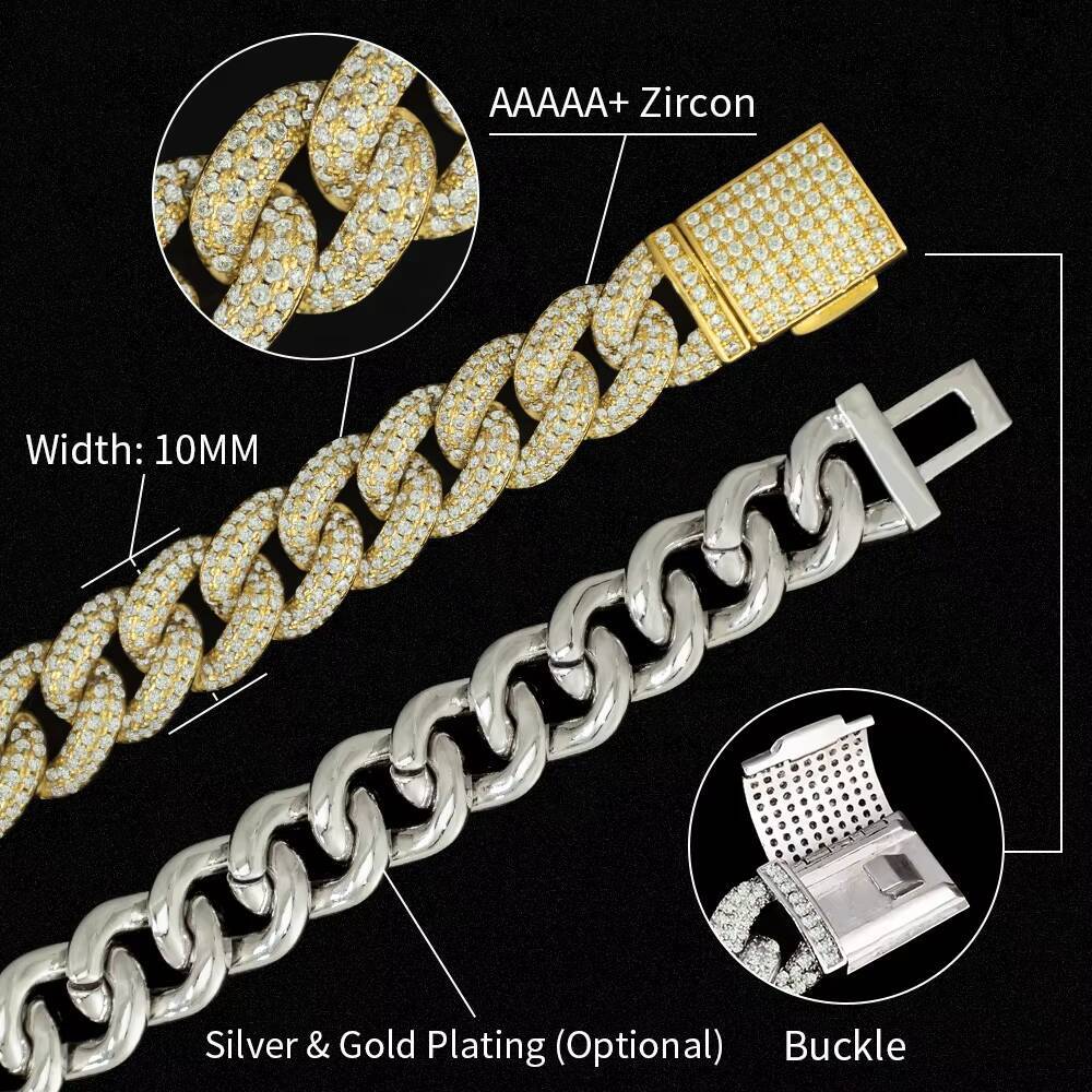 10mm Iced Out CZ Zircon Cubic Zirconia Gold Plated Brass Hip Hop Jewelry Cuban Chain Link Necklace for Men Women