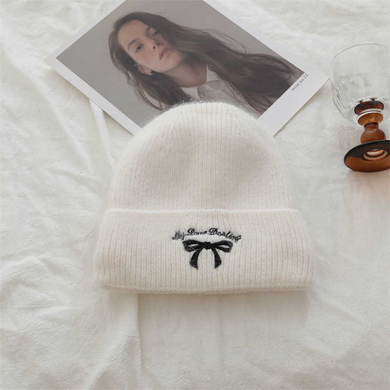 Style Bowknot Knitted Embroidered Hat Unisex Warm Rabbit Fur Yarn Hat for Women H251020