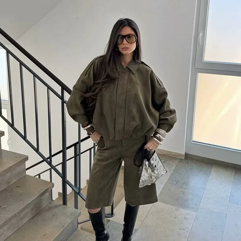 Women High waisted Casual Shorts And Fashion Loose Long Sleeve Jackets Coats Female Two Piece Sets Outfit 251021