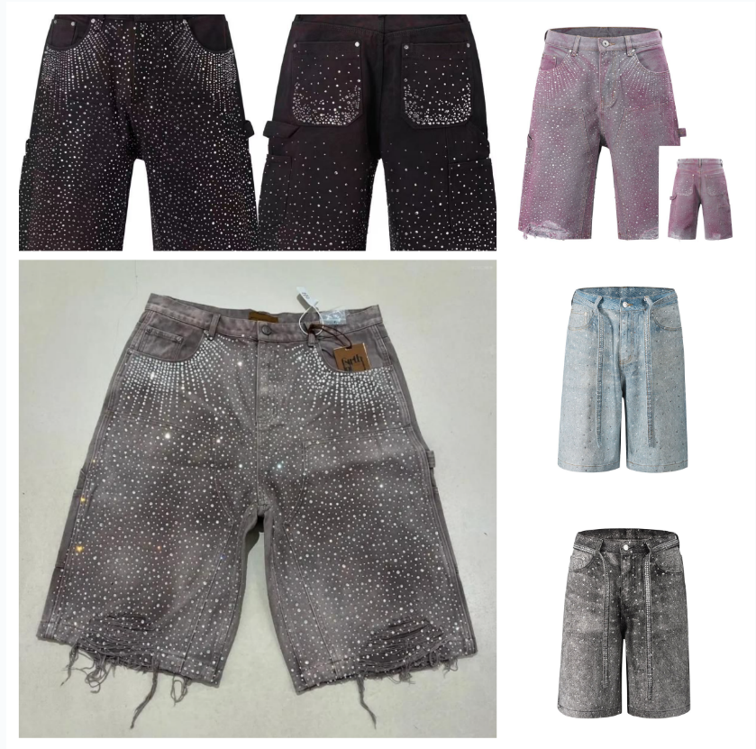 Blackicon Men's Shorts Streetwear Couple Vintage Rhinestone Sequined Denim Cowboy Hip Hop Loose Sport Casual