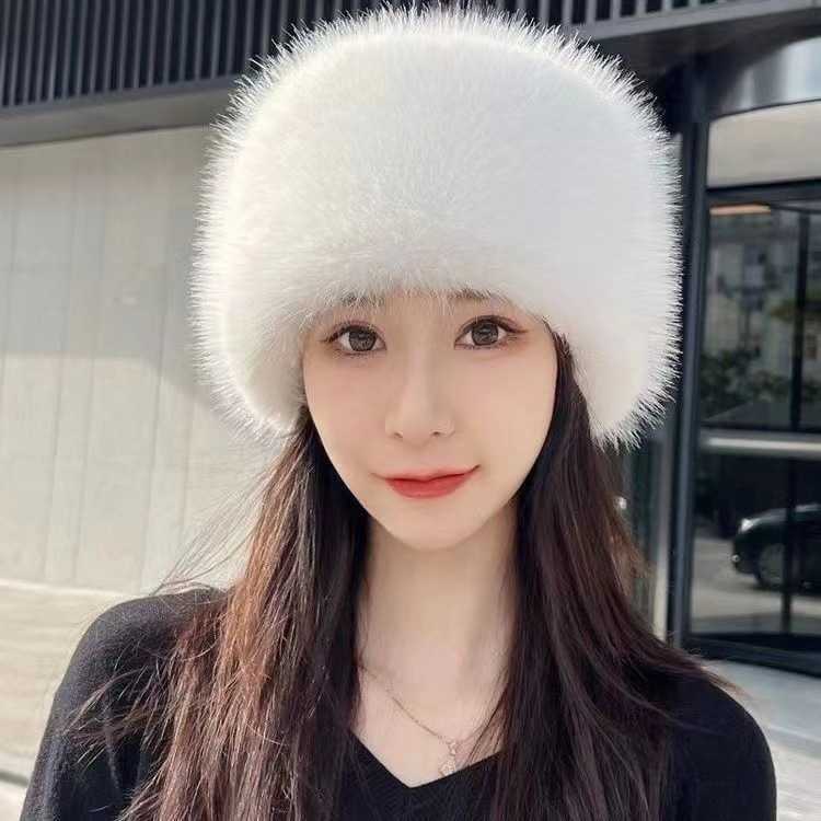 New Faux Fur Fox Fur Flat Top Hat Plush Bucket Hat Thickened Warm Ear Protection Round Top Fairy Hat H251020