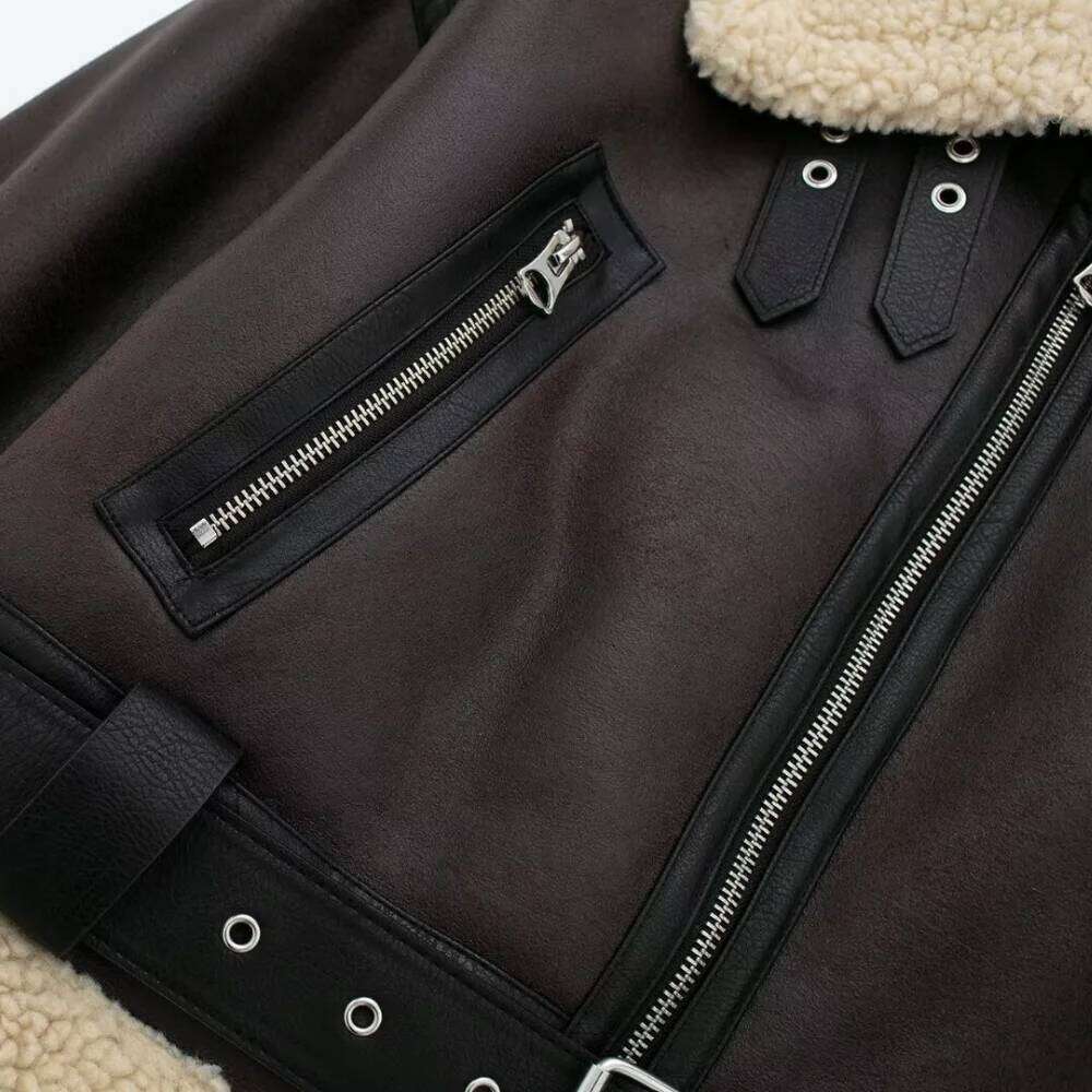 Winter Women Streetwear Faux Lamb Leather Fur Short Jacket With Belt Moto Biker Thick Warm Sheepskin Coat Outwe