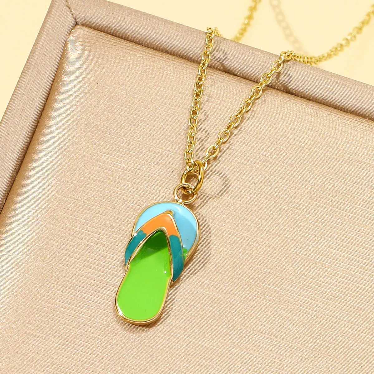 Waterproof Stainless Steel Cute Enamel Beach Slippers Charm Necklace 14K Gold Color Pendant Choker Jewelry For Women Daily Wear XJ250717