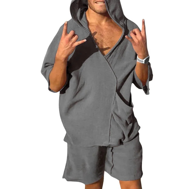 2025 mens Vneck fashion shortsleeved shorts twopiece summer thin mens hooded beach leisure outdoor suit 251021