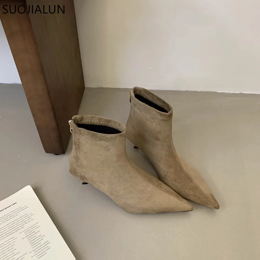 SUOJIALUN Winter Women Short Boots Fashion Pointed Toe Ladies Elegant Ankle Boots Thin High Heel Dress Pumps Shoe 251021