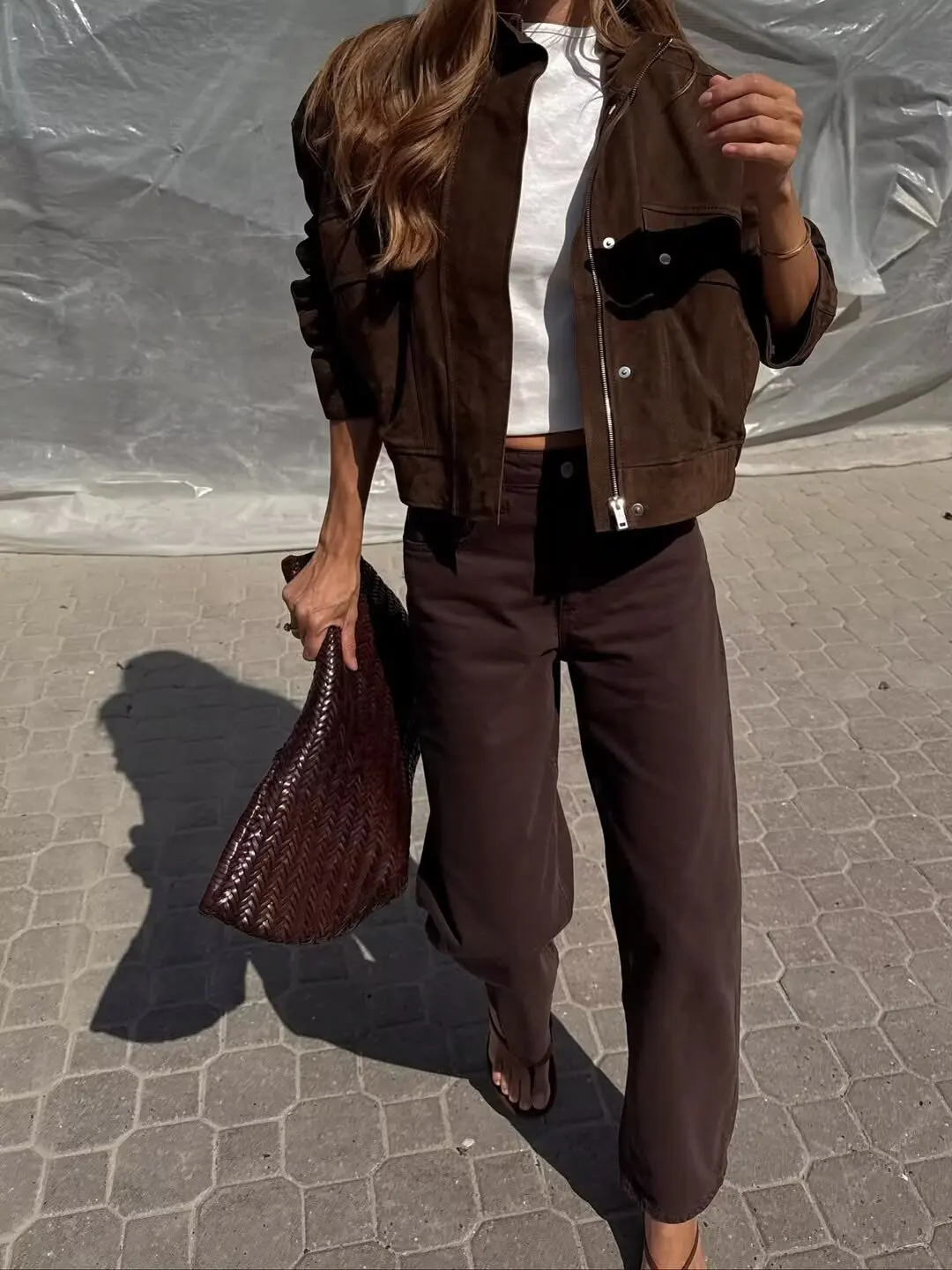 Tidalyf Women Faux Suede Jacket Stand Collar Long Sleeve Decorative Pocket Elastic Hem Casual Chic Autumn Coat 251021