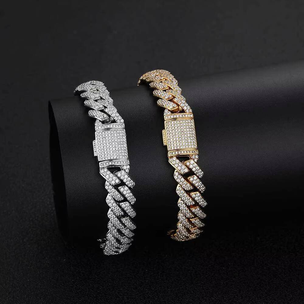 HipHop Iced Out Zircon Gold Plating Brass Copper 2 Row 10mm Chunky Miami Cuban Link Choker Necklace Bracelet Jewelry for Men
