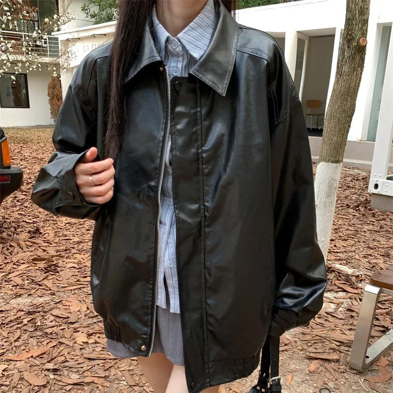 Faux Leather Jacket Women American Vintage Solid Pu Loose Casual Biker Outwear Streetwear Coats Woman 251021