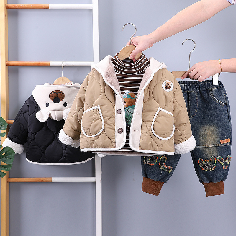 Winter Warm 2025 New Kids 3-Piece Fleece-Lined Set, Thermal Padded Cotton Outfit for Boys and Girls, Cute Winter Clothing for Babies and Toddlers