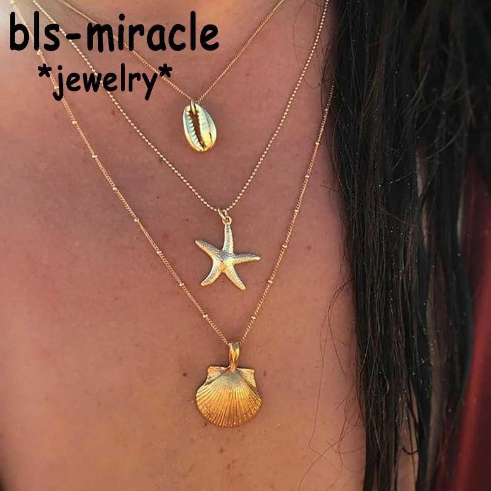 Vintage Starfish Multi-layer Necklaces Pendants for Women Girl Gold Color Beach Style Choker Long Necklace 2019 Boho Jewelry XJ250717