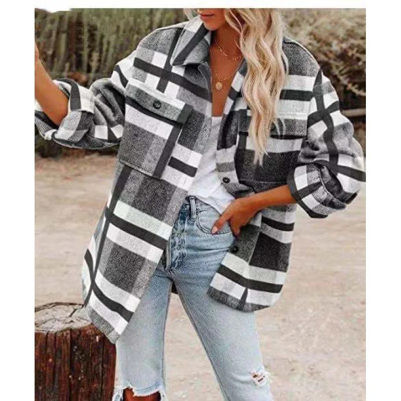 Autumn and Winter Longsleeved Loose Plaid Shirt Tweed Jacket Female 251021