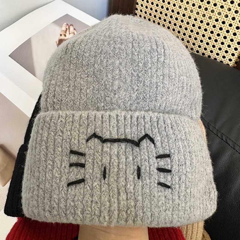Hat Versatile 2025 Autumn Winter Style Knitted Hat New Cute Cat Handmade Embroidery Warm Ear Protection Knitted Fashion H251020