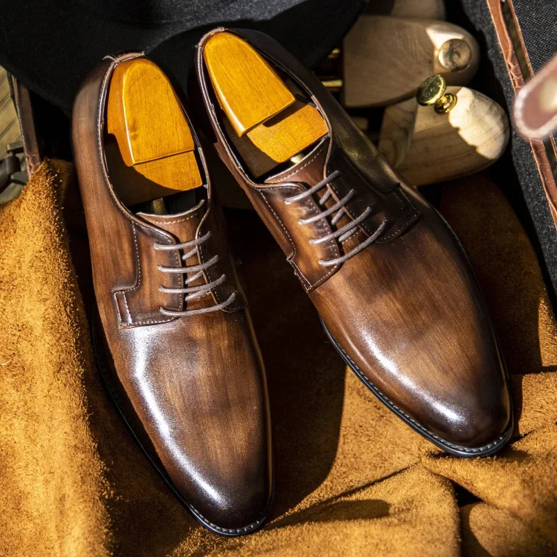 Wood Pattern Derby Shoes Men Breathable Mens Dress Shoes High Quality Leather Office Wedding Shoe Lace Up Handcolored Business 251021