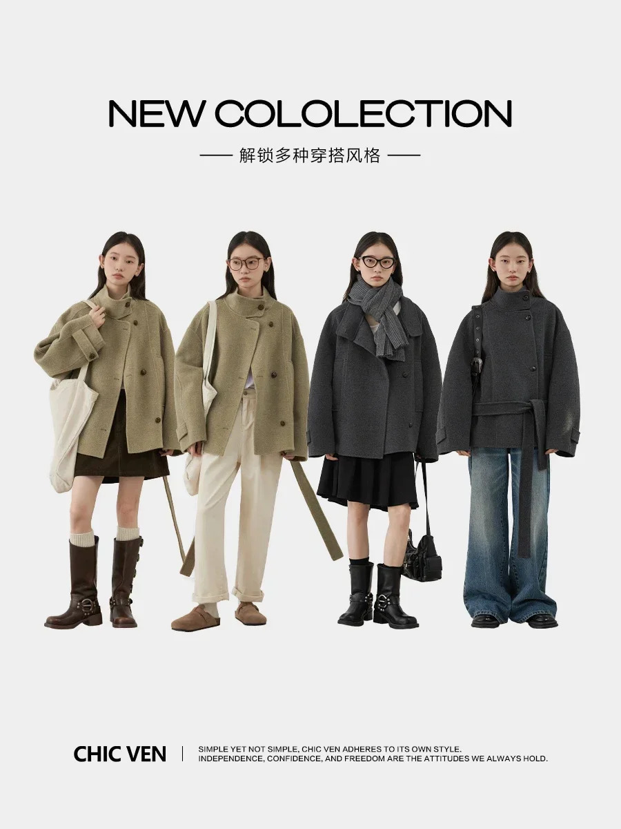 CHIC VEN Womens Doublesided Belt Woolen Coat Short Loose Overcoat Solid Female Outerwear Woman Jackets Autumn Winter 251013