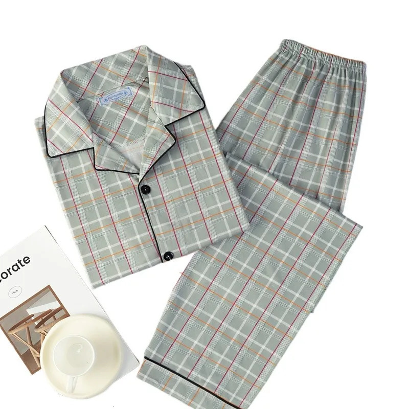 Plus Size Men Pyjamas Fall and Winter Plaid Simple Sleepwear Homewear Cardigan Button down Tops and Pants Nightwear Loungewear 251021