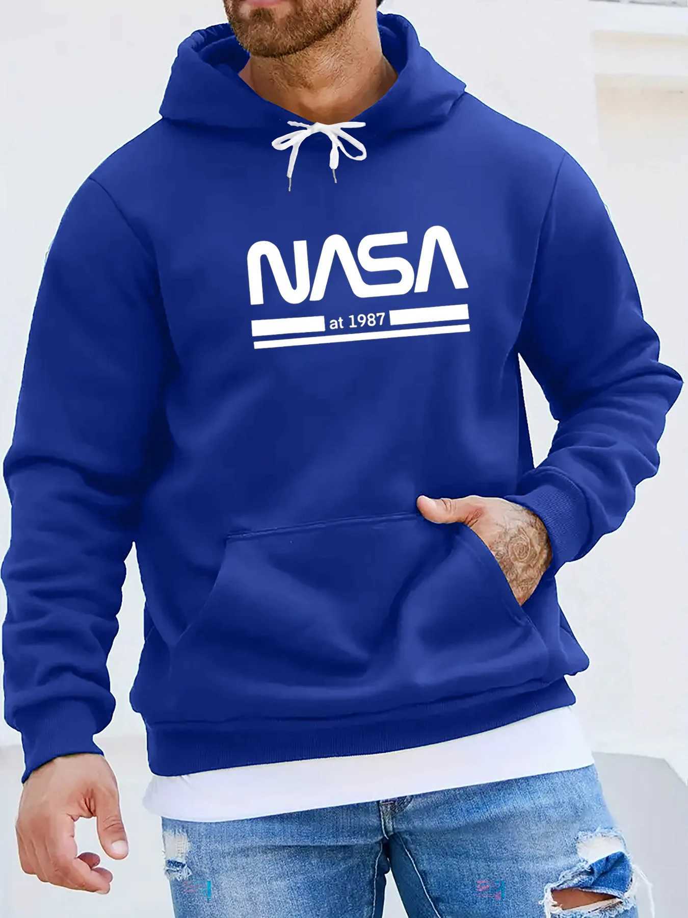 Mens autumn and winter casual fashionable loose hoodie NASA letter printed long sleeved warm pullover sweater W251021