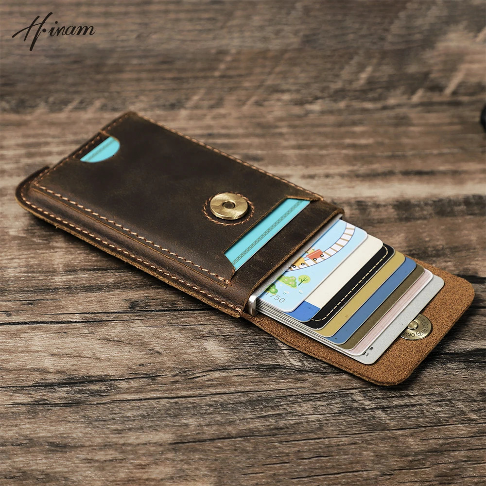 Hiram Vintage Genuine Leather RFID Blocking Card Holder Wallet for Men Card Wallet Case Aluminum Metal Slim Cardholder 251013