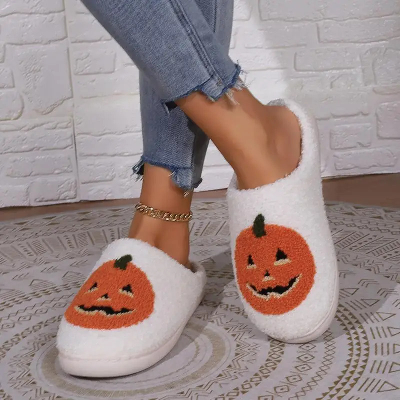 Cotton Fluffy Slippers Home Cartoon Pumpkin Platform Plush Slides Couple 2025 Funny Halloween Casual Shoes Women Indoor 251021