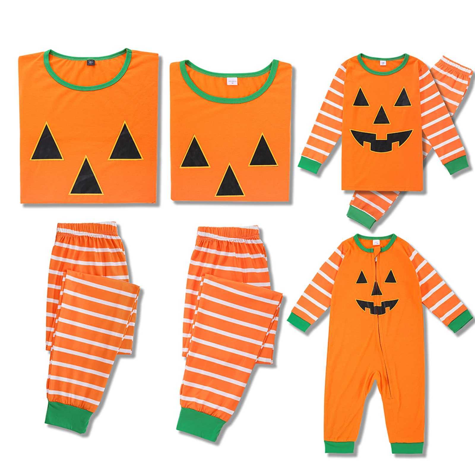 Family Matching Pajamas Set Halloween Stripe Pumpkin Print Round Neck Long Sleeve Tops Long Pants for Parents Kids L251021A5T9