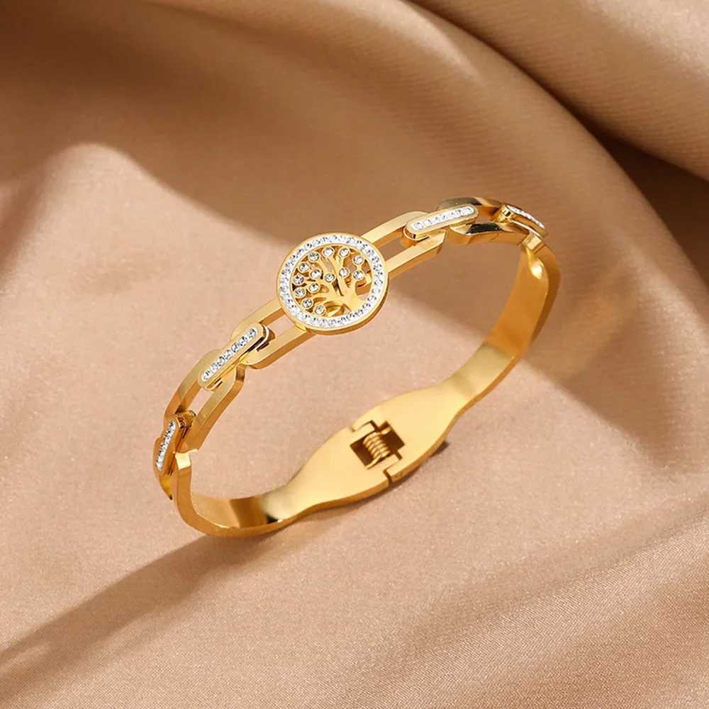 Luxury Stainless Steel Tree of Life Bracelet For Women Men Golden Cubic Zircon No Fade Color Lucky Cuff Bangle Jewelry J251021