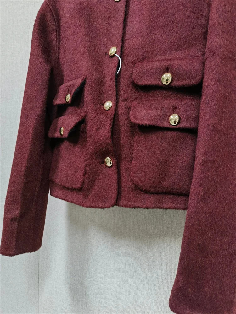 Autumn Winter Womens DoubleSided Woolen Short Coat Round Neck Long Sleeve Female SingleBreasted Warm Jacket Top with Pockets 251013