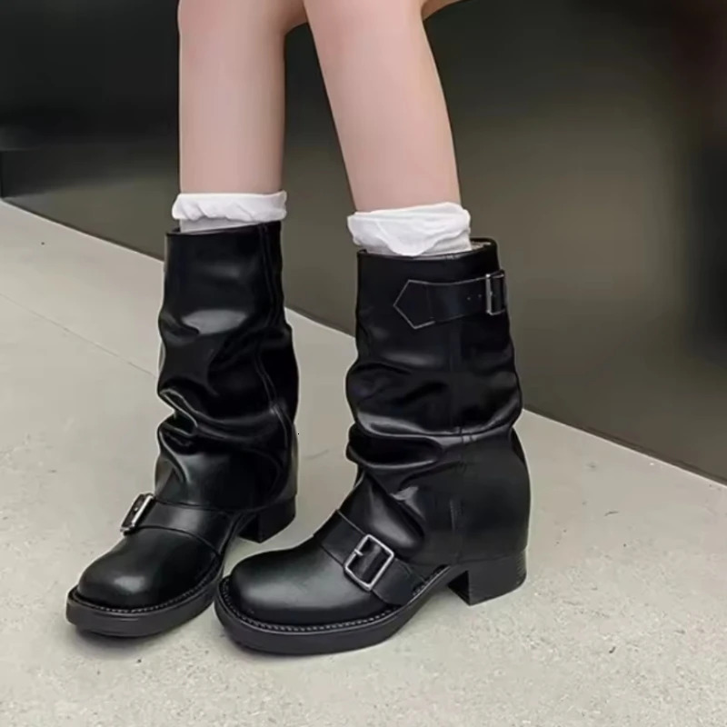 Womens Boots Slip on Female Midcalf Boots Retro Biker Boots Fashion Block Heels Women Shoes Pu Leather Zapatos De Mujer 251021