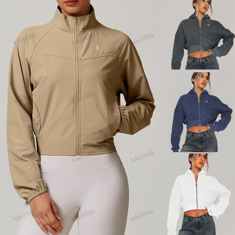 Womens Yoga cropped jacket hooded sweatshirt Windproof Sports Coat Short jacket top Long sleeved workout Clothes Long Sleeve Top sportswear Thin outerwear