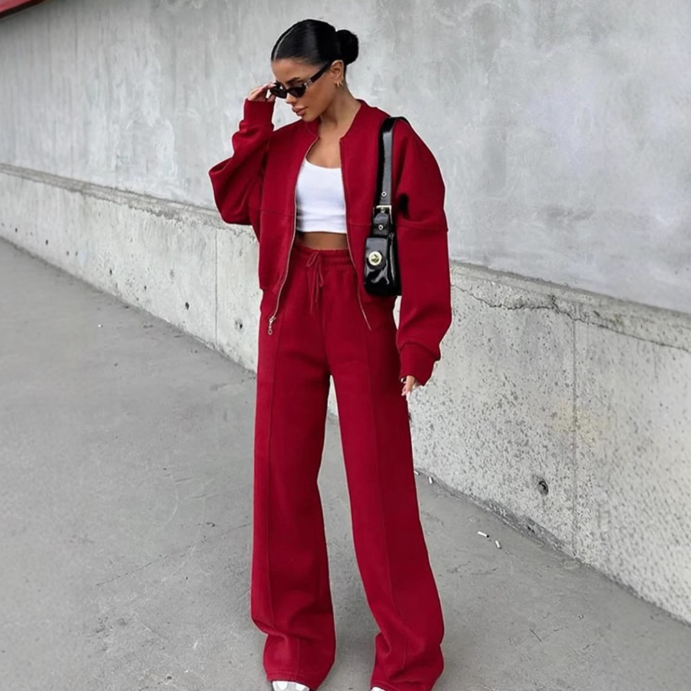 Women's Tracksuits Women Sweatsuit Set Vintage O-neck Zipper Bomber Jackets High Waist Loose Pants Suit Female 2025 winter Fashion Lady