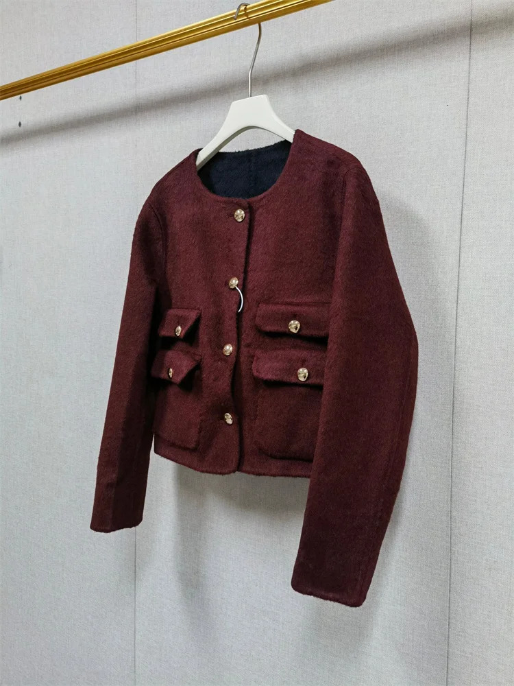 Autumn Winter Womens DoubleSided Woolen Short Coat Round Neck Long Sleeve Female SingleBreasted Warm Jacket Top with Pockets 251013
