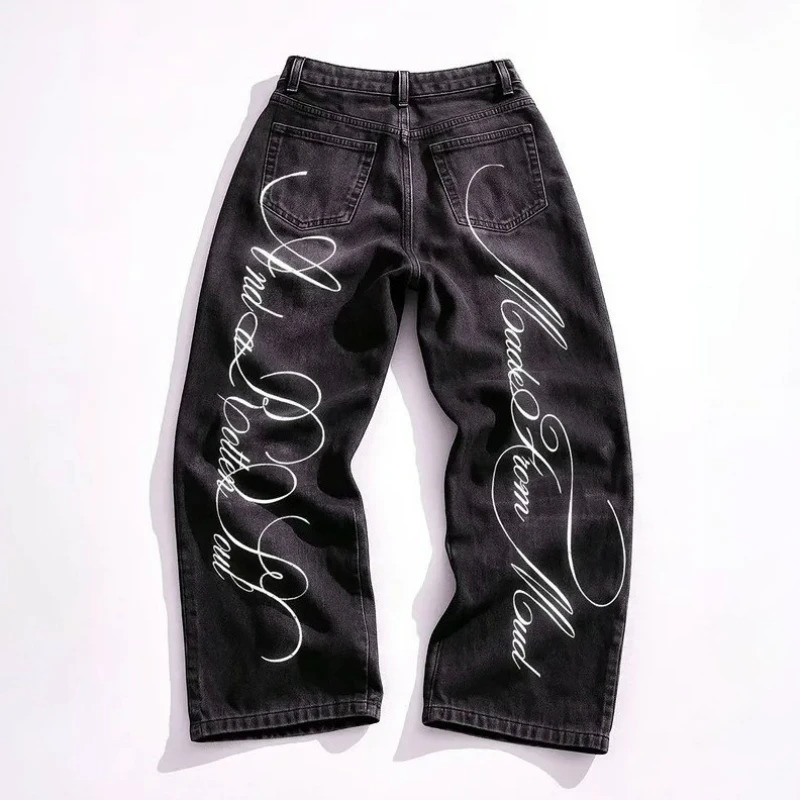 Y2K Gothic Denim Pants Long Letter Print Pattern Classic Art Jeans Harajuku Vintage Hip Hop Streetwear Men Women Baggy 251017