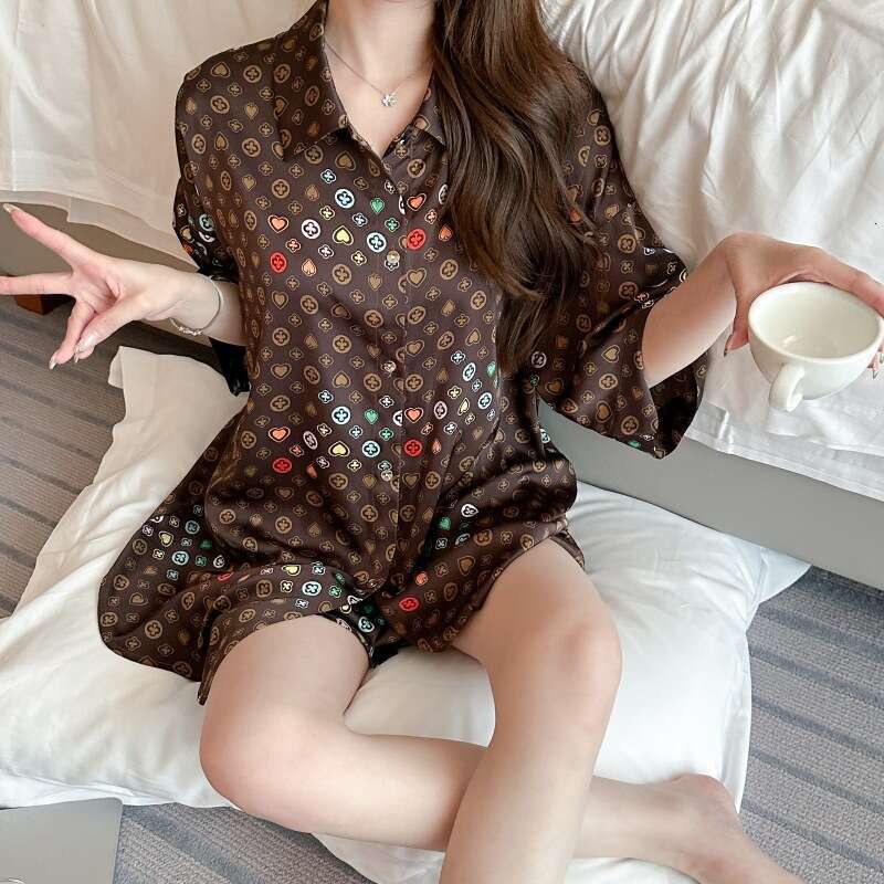 Coffee Old Flower Print 2024 New Summer Women's Pajamas Ice Silk Short Sleeve Shorts Plus Size Two-Piece Homewear Set