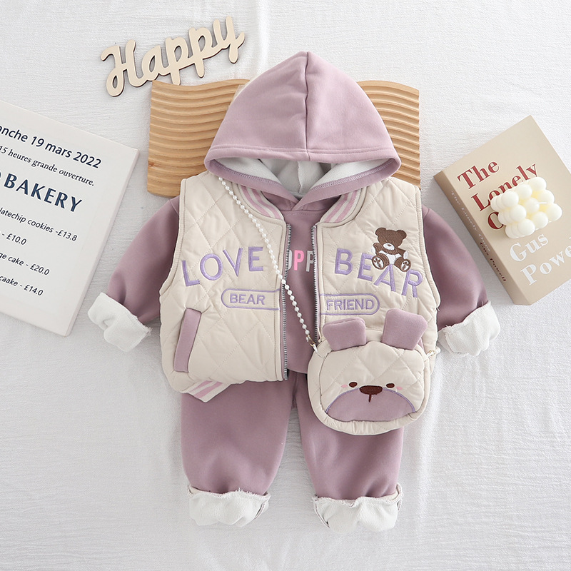 Chic Girls 3-Piece Outfit 2025, Winter Set Includes Quilted Coat Vest and Crossbody Bag, Stylish Clothing for Toddlers
