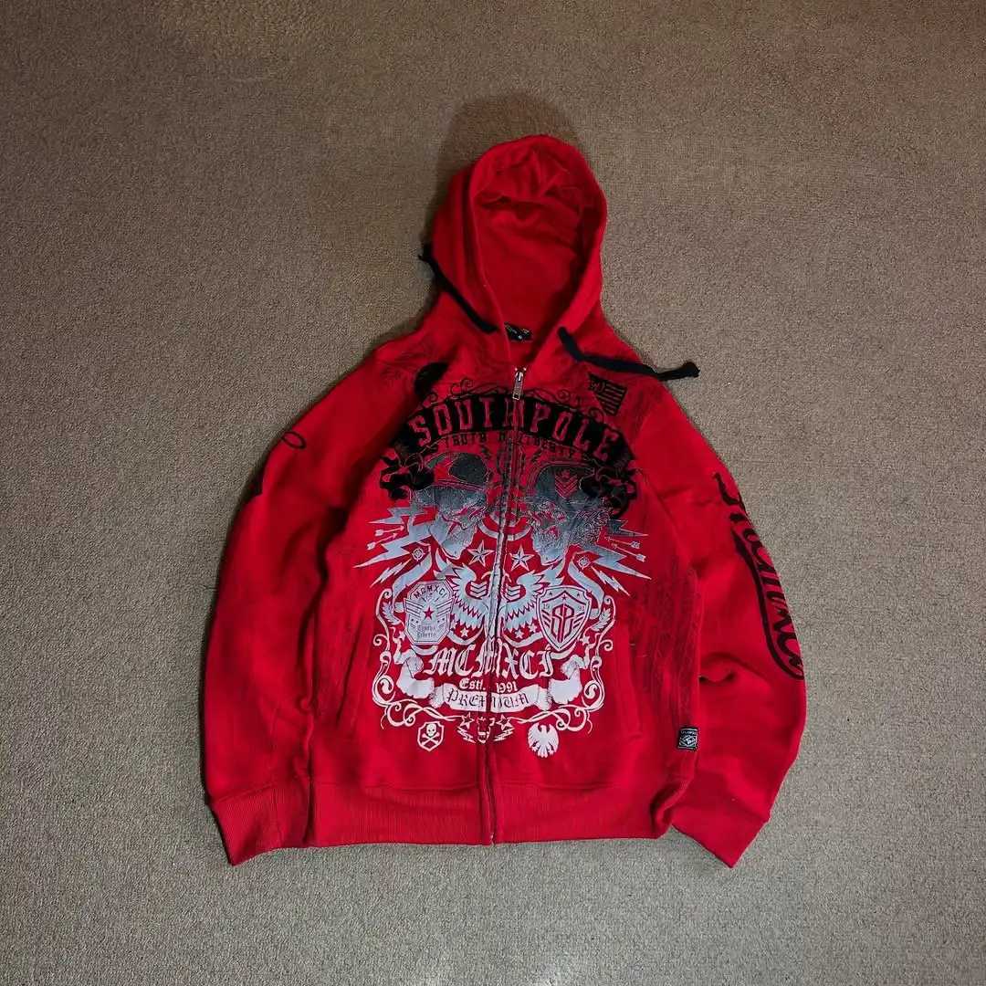 Red Gothic Hoodie Y2K Harajuku Retro Pattern Oversize Zipper Hoodie Men Women Hip Hop Personality Casual Sweatshirt W251021