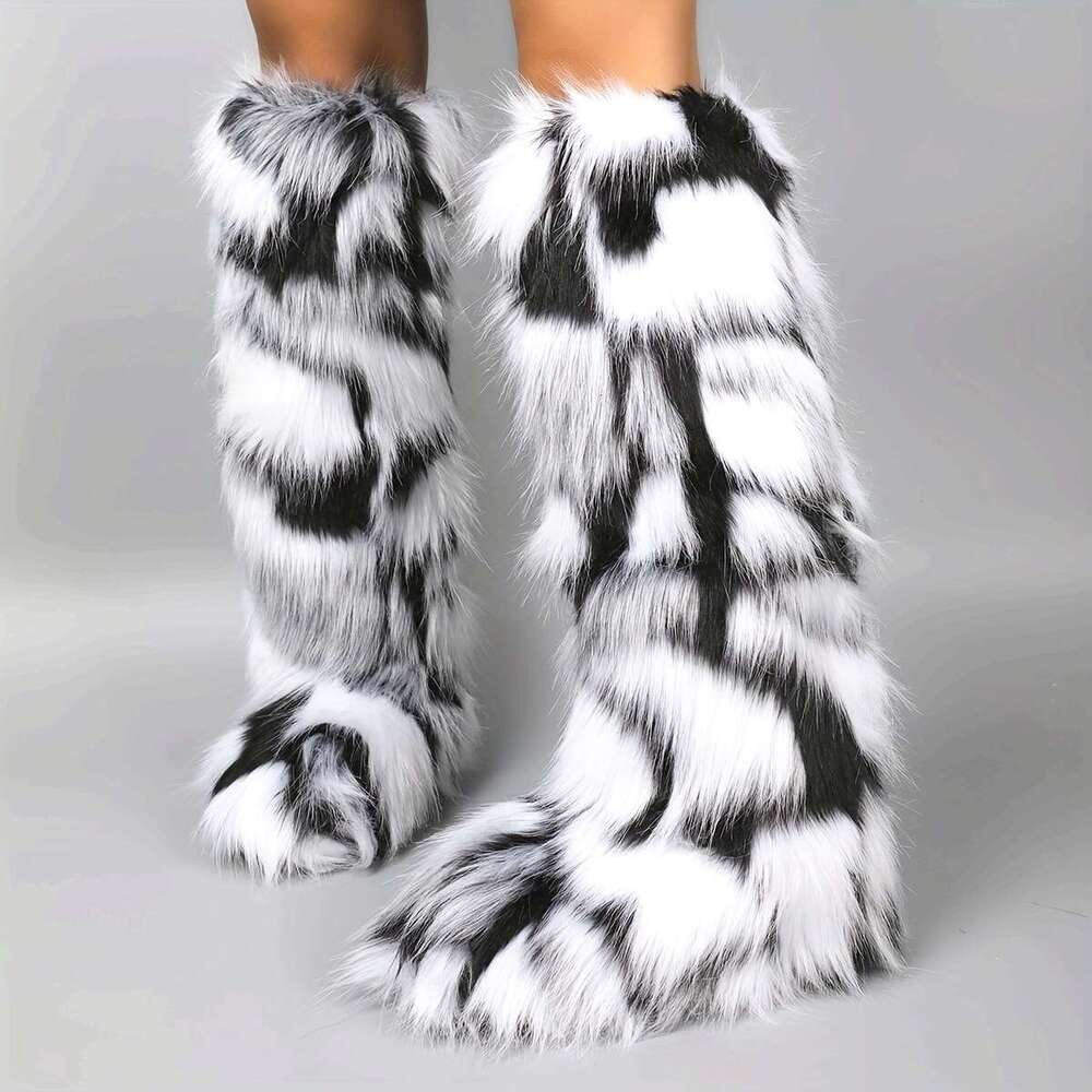 Ultra-Soft Women's Faux Snow | Warm Knee-High Fur-Lined Boots With Non-Slip TPR Sole, Black White Zebra Stripe Pattern, Microfiber Lining & Plush