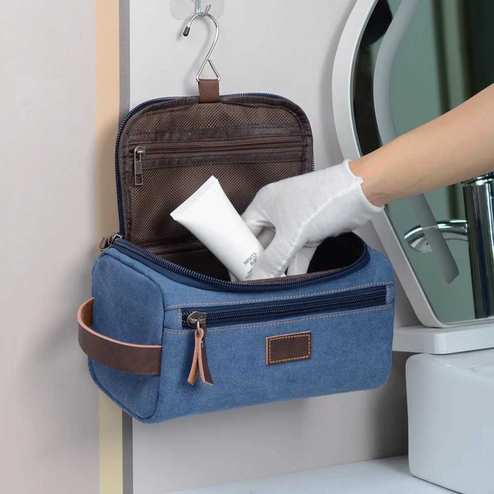New Products 2024 Portable Travel Dopp Kit Bag With Hook Custom Canvas Toiletry Bag Bathroom Makeup Cosmetic Bag For MenW251021