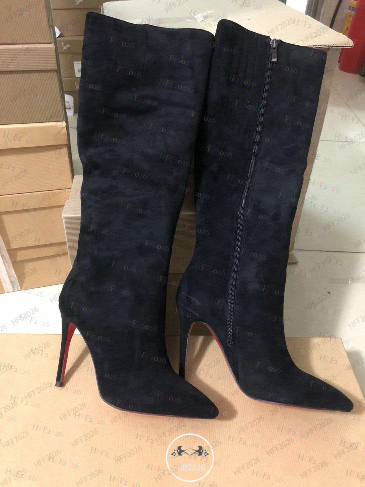 10A boots designer womens brand heels women dress shoes Red Shiny BottomBoots Toe High 10cm 12cm Stiletto Genuine Leather Woman High quality Winter knight boots fd