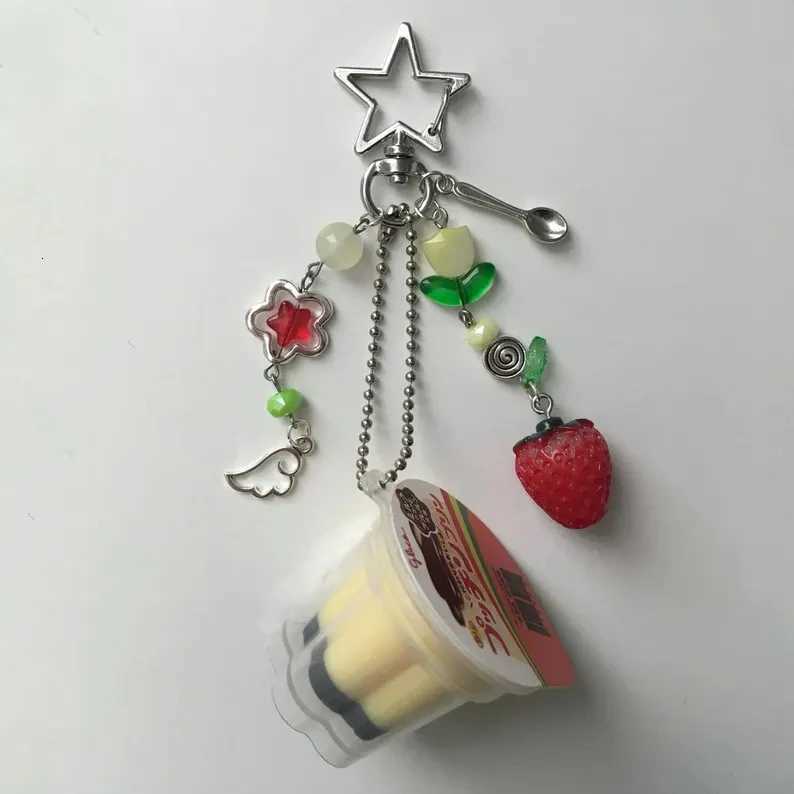 Japanese Pudding Keychain Pink Yellow Egg Flan Charm Y2K Heisei Retro Aesthetic Beaded Accessory W251021