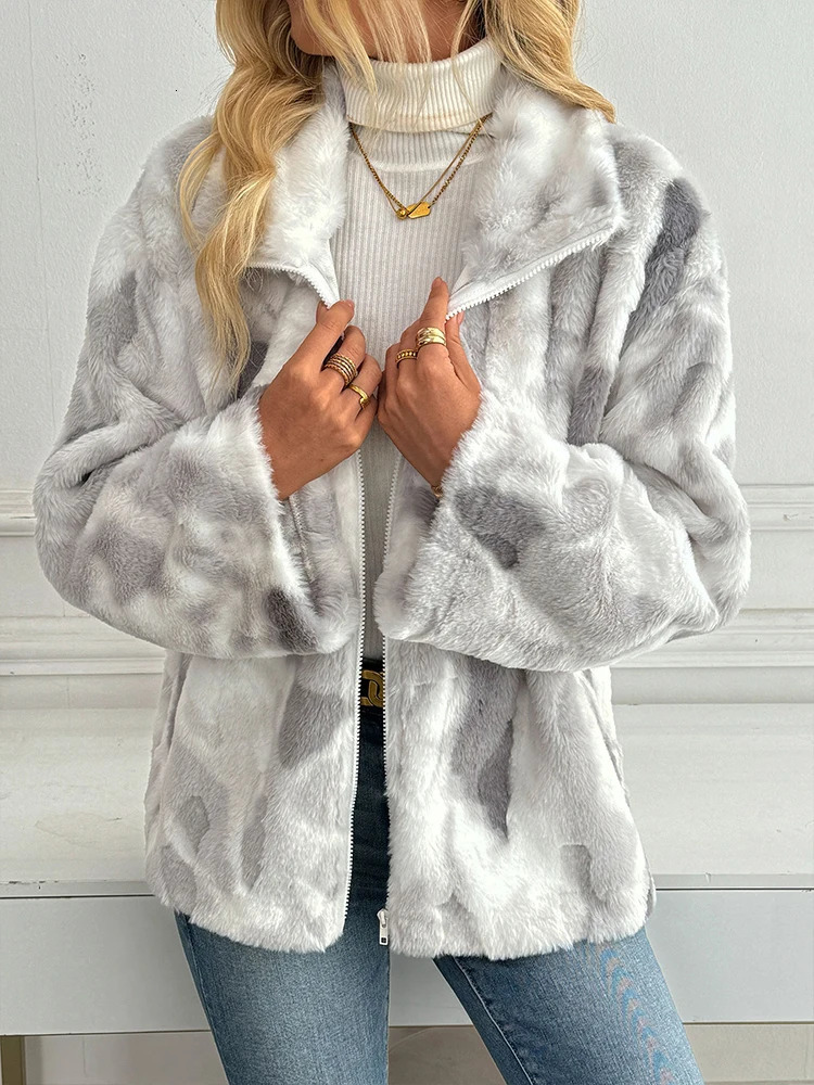 Fashion Tie Dye Lamb Fleece Jacket Women Autumn Winter Zipper Outerwear Warm Plush Jackets Harajuku Casual Female Thick Coat 251021